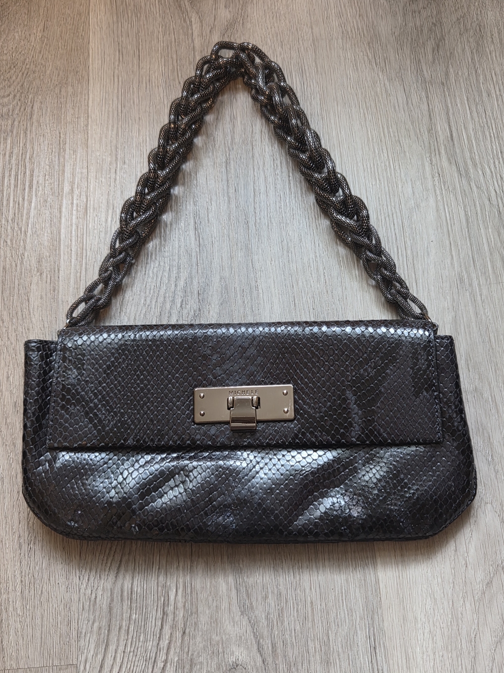 Michele Metallic Gunmetal Snake-Embossed Chain Shoulder Clutch